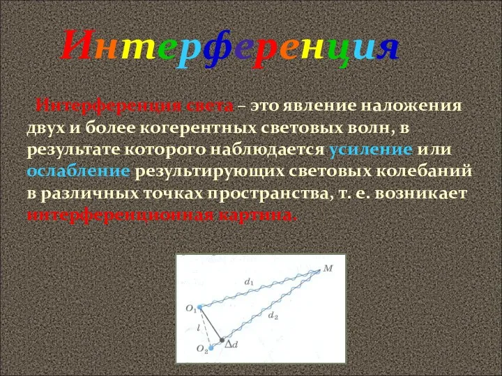 Интерференция Интерференция света – это явление наложения двух и более