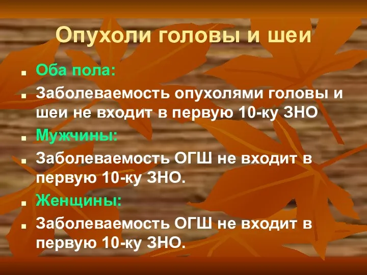 Опухоли головы и шеи Оба пола: Заболеваемость опухолями головы и шеи не входит