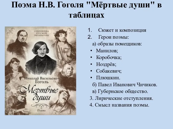 Поэма Н.В. Гоголя "Мёртвые души" в таблицах Сюжет и композиция