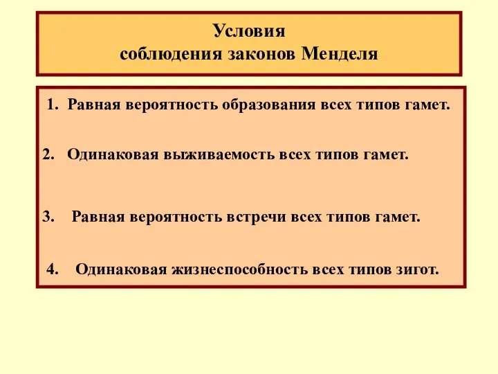 Условия соблюдения законов Менделя 1. Равная вероятность образования всех типов