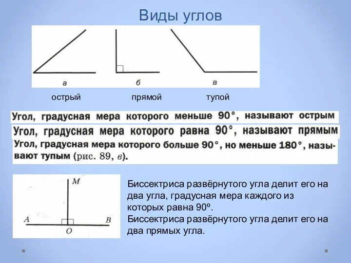 Виды углов Биссектриса развёрнутого угла делит его на два угла,