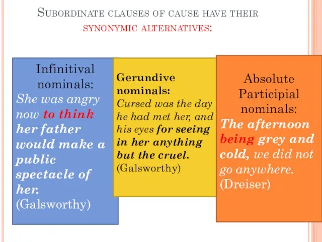 Subordinate clauses of cause have their synonymic alternatives: Infinitival nominals:
