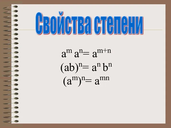 Свойства степени am an= am+n (ab)n= an bn (am)n= amn