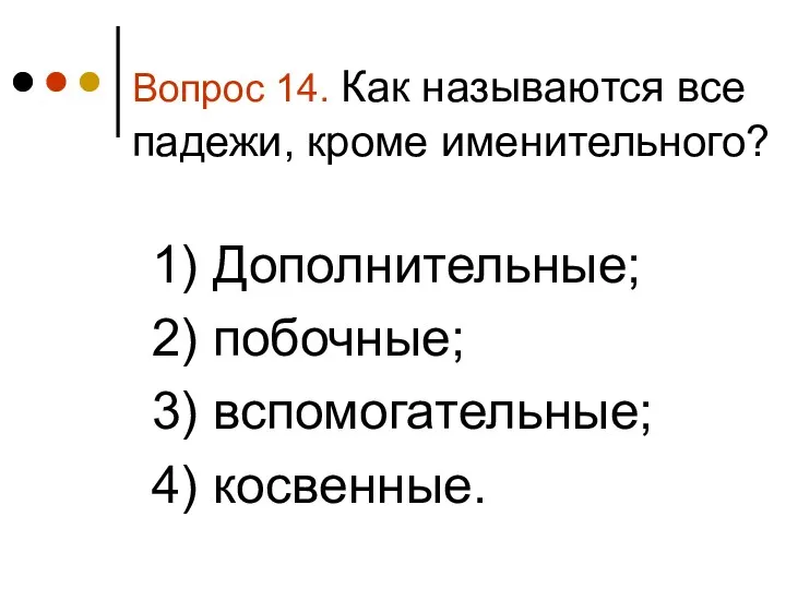 Вопрос 14. Как называются все падежи, кроме именительного? 1) Дополнительные; 2) побочные; 3) вспомогательные; 4) косвенные.