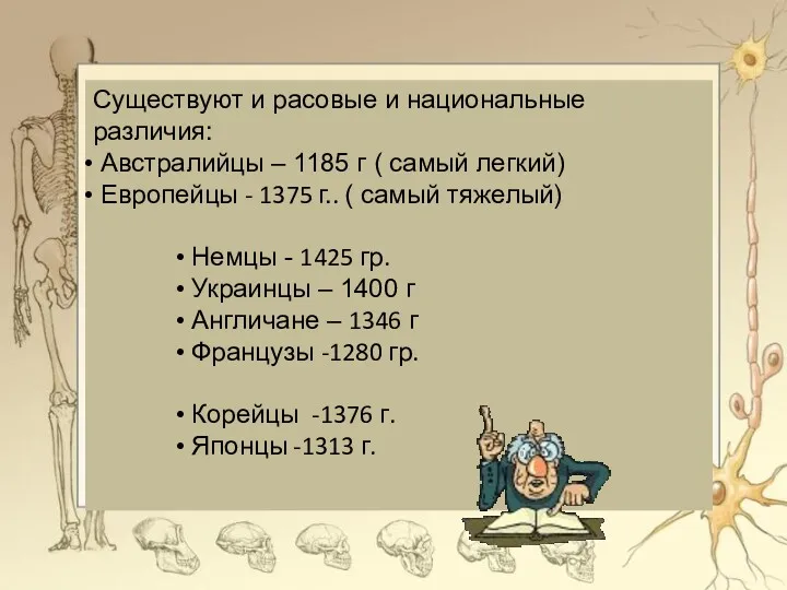 Существуют и расовые и национальные различия: Австралийцы – 1185 г