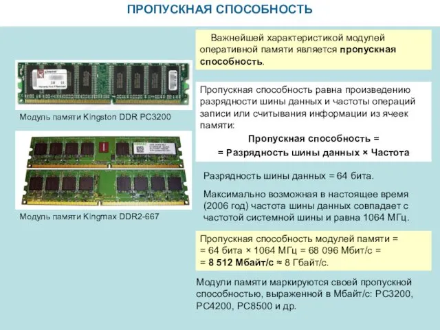 ПРОПУСКНАЯ СПОСОБНОСТЬ Модуль памяти Kingmax DDR2-667 Модуль памяти Kingston DDR PC3200 Важнейшей характеристикой