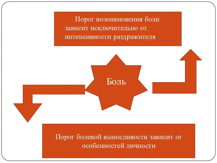 Боль Порог болевой выносливости зависит от особенностей личности Порог возникновения боли зависит исключительно от интенсивности раздражителя