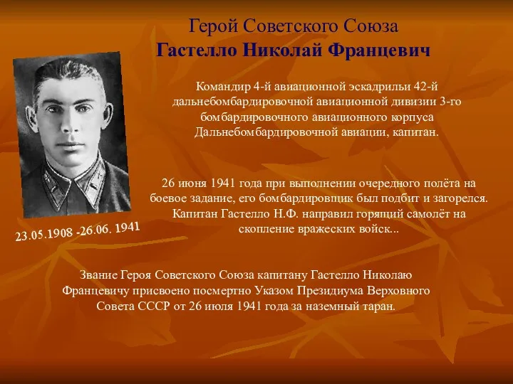 Герой Советского Союза Гастелло Николай Францевич Командир 4-й авиационной эскадрильи