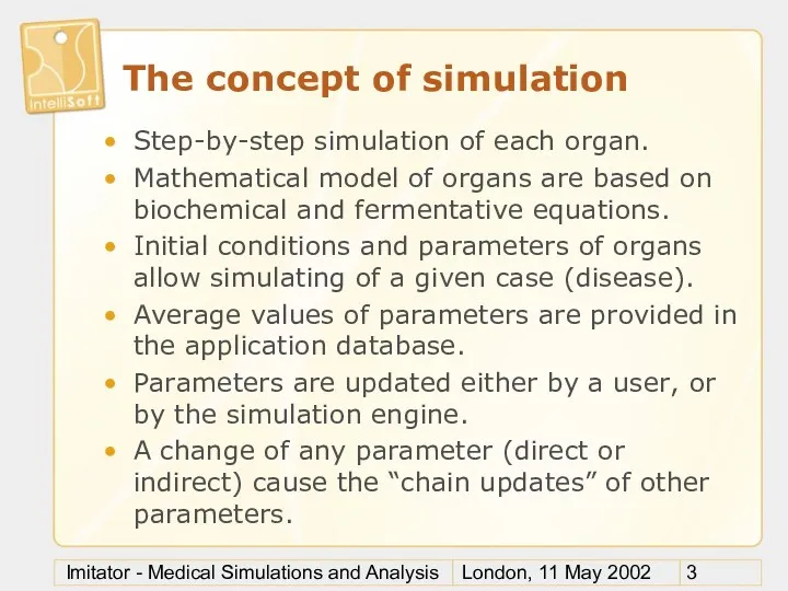 London, 11 May 2002 Imitator - Medical Simulations and Analysis The concept of