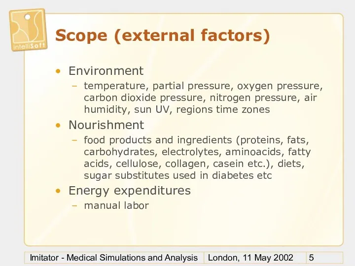 London, 11 May 2002 Imitator - Medical Simulations and Analysis Scope (external factors)