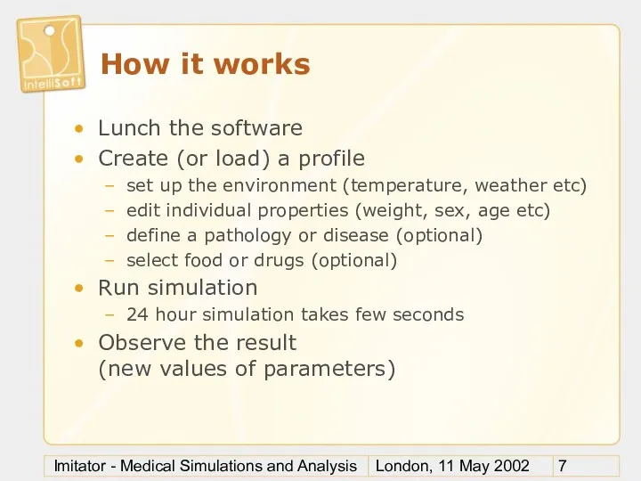 London, 11 May 2002 Imitator - Medical Simulations and Analysis How it works