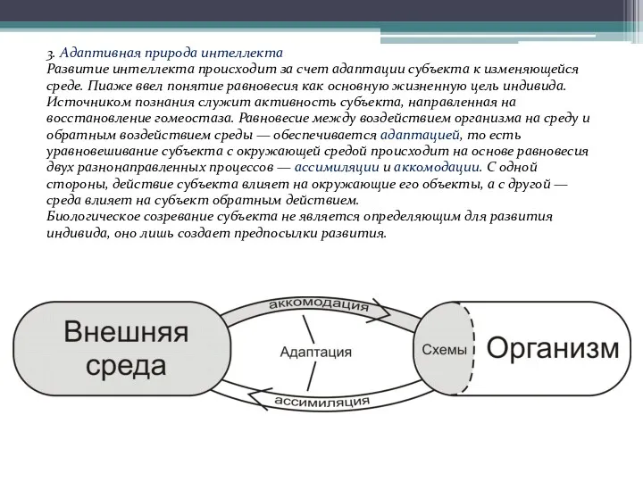 3. Адаптивная природа интеллекта Развитие интеллекта происходит за счет адаптации