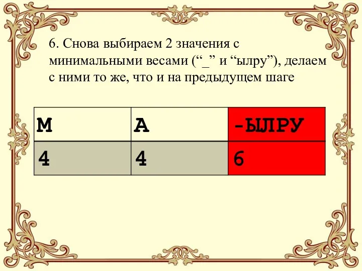 6. Снова выбираем 2 значения с минимальными весами (“_” и “ылру”), делаем с