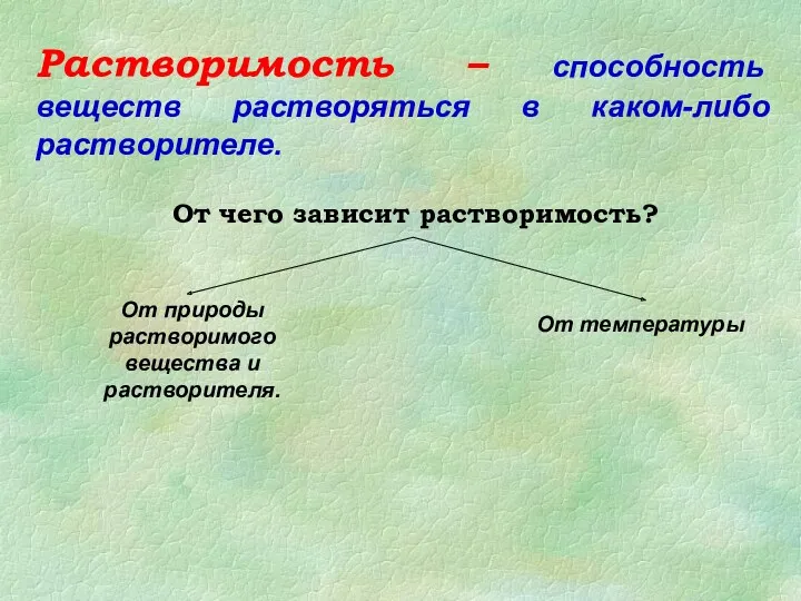 Растворимость – способность веществ растворяться в каком-либо растворителе. От чего