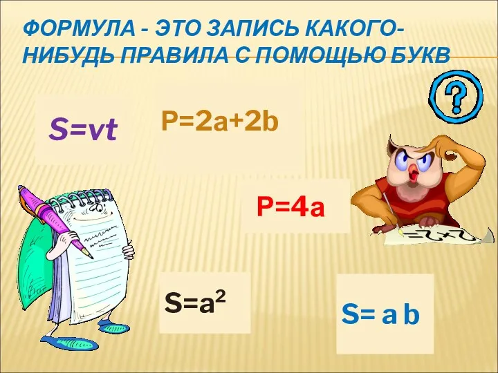 ФОРМУЛА - ЭТО ЗАПИСЬ КАКОГО-НИБУДЬ ПРАВИЛА С ПОМОЩЬЮ БУКВ S= a b Р=2а+2b S=a² S=vt Р=4а