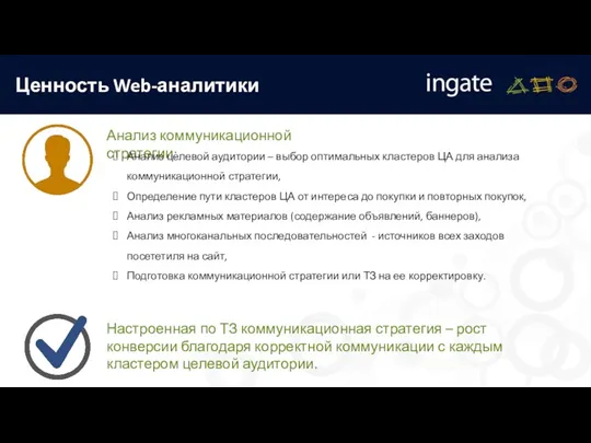 Ценность Web-аналитики Анализ коммуникационной стратегии: Анализ целевой аудитории – выбор