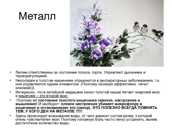 Металл Легкие ответственны за состояние голоса, горла. Управляют дыханием и