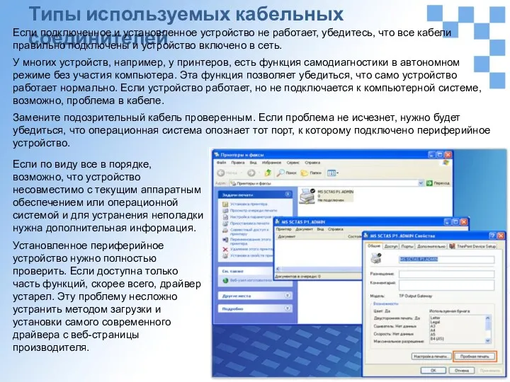 Типы используемых кабельных соединителей Если подключенное и установленное устройство не