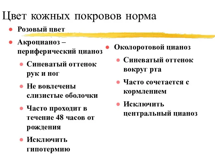 Цвет кожных покровов норма Розовый цвет Акроцианоз – периферический цианоз