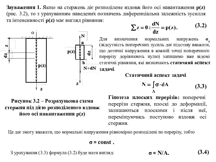 (3.3) Статичний аспект задачі (3.2) Гіпотеза плоских перерізів: поперечні перерізи