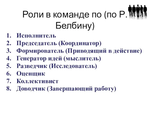 Роли в команде по (по Р.Белбину) Исполнитель Председатель (Координатор) Формирователь