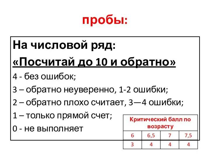 пробы: На числовой ряд: «Посчитай до 10 и обратно» 4