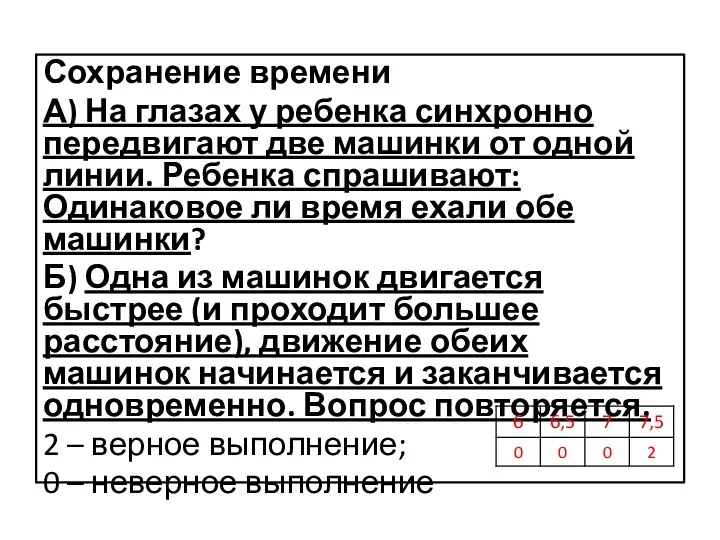 Сохранение времени А) На глазах у ребенка синхронно передвигают две