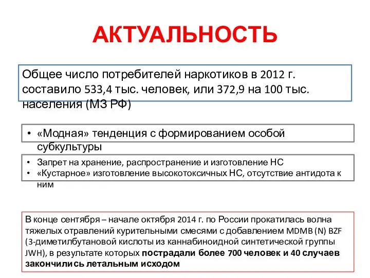 АКТУАЛЬНОСТЬ Общее число потребителей наркотиков в 2012 г. составило 533,4 тыс. человек, или