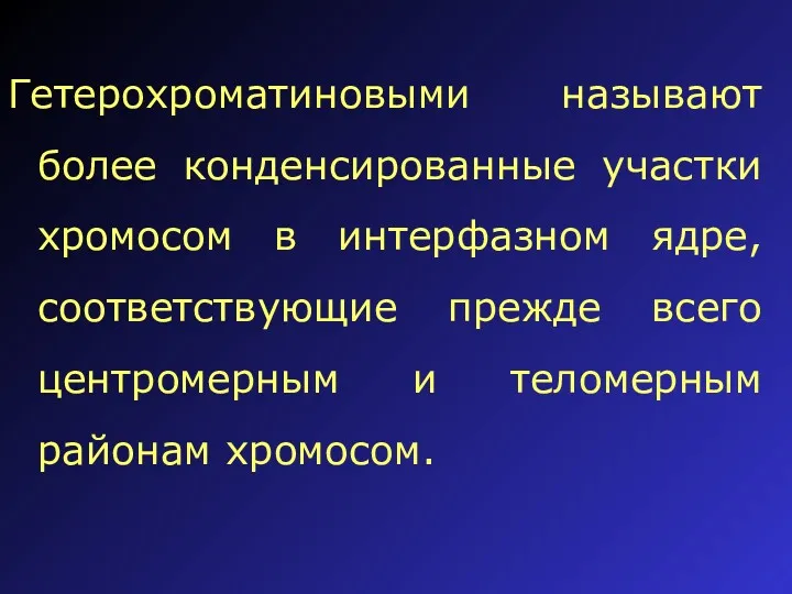 Гетерохроматиновыми называют более конденсированные участки хромосом в интерфазном ядре, соответствующие