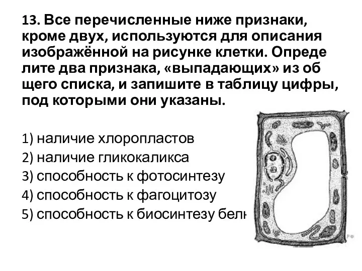 13. Все пе­ре­чис­лен­ные ниже при­зна­ки, кроме двух, ис­поль­зу­ют­ся для опи­са­ния