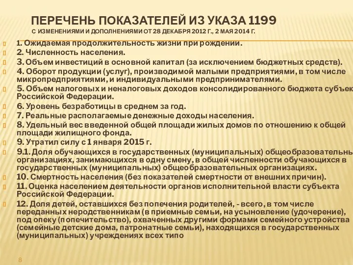 ПЕРЕЧЕНЬ ПОКАЗАТЕЛЕЙ ИЗ УКАЗА 1199 С ИЗМЕНЕНИЯМИ И ДОПОЛНЕНИЯМИ ОТ