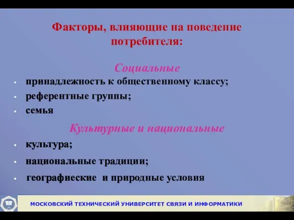 Факторы, влияющие на поведение потребителя: Социальные принадлежность к общественному классу;