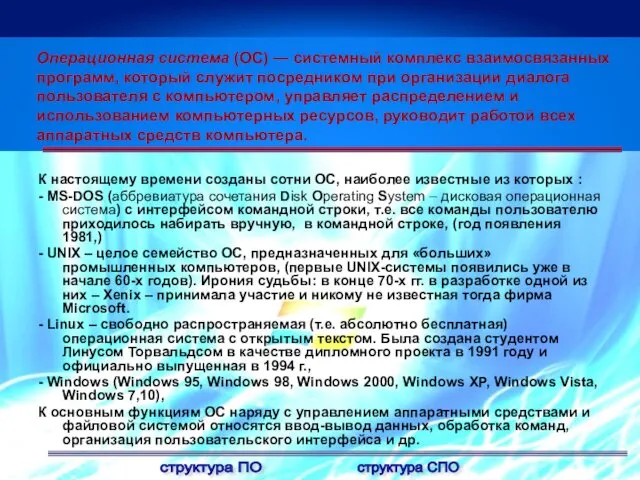 Операционная система (ОС) — системный комплекс взаимосвязанных программ, который служит