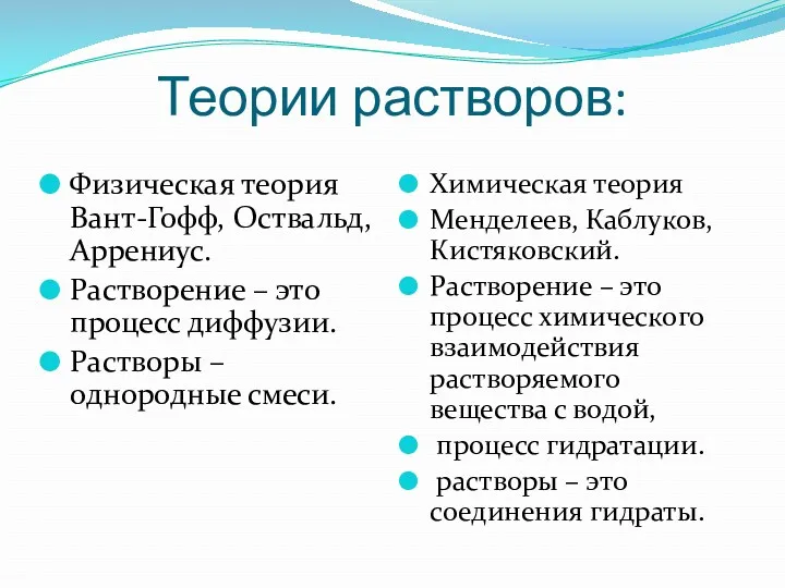 Теории растворов: Химическая теория Менделеев, Каблуков, Кистяковский. Растворение – это