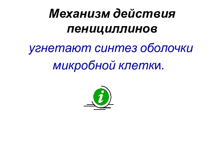 Механизм действия пенициллинов угнетают синтез оболочки микробной клетки.