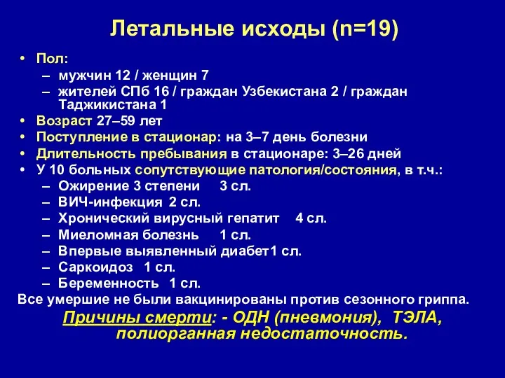 Летальные исходы (n=19) Пол: мужчин 12 / женщин 7 жителей