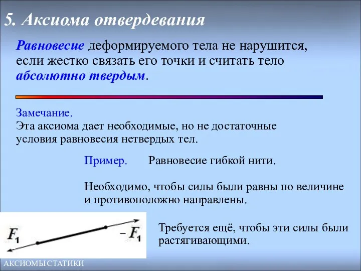 5. Аксиома отвердевания Равновесие деформируемого тела не нарушится, если жестко