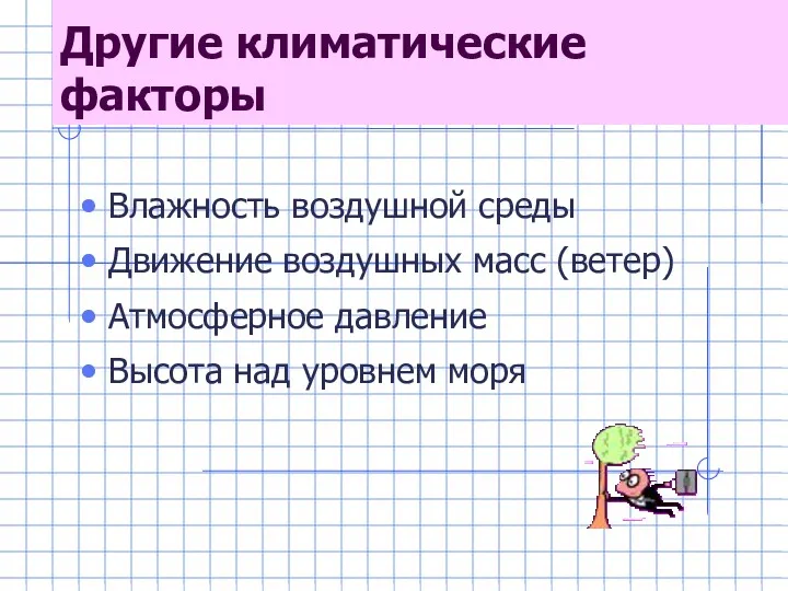 Другие климатические факторы Влажность воздушной среды Движение воздушных масс (ветер) Атмосферное давление Высота над уровнем моря