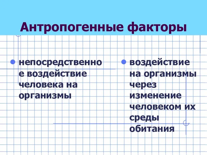 Антропогенные факторы непосредственное воздействие человека на организмы воздействие на организмы через изменение человеком их среды обитания