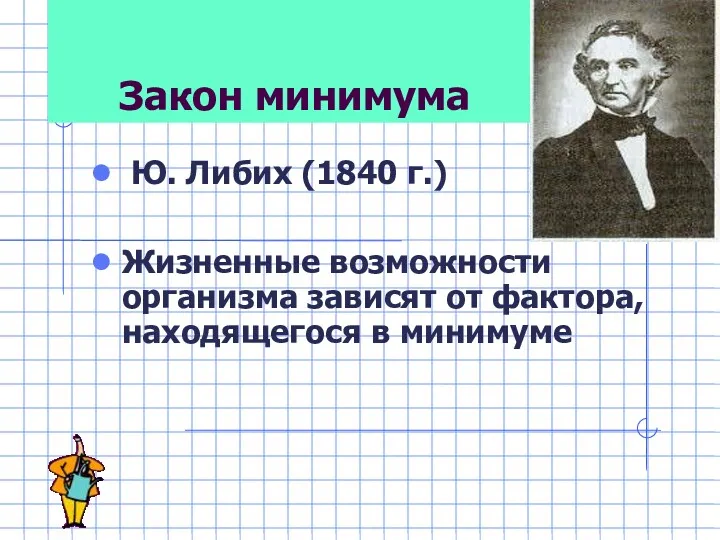 Закон минимума Ю. Либих (1840 г.) Жизненные возможности организма зависят от фактора, находящегося в минимуме