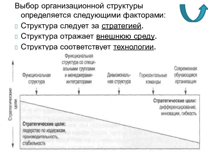 Выбор организационной структуры определяется следующими факторами: Структура следует за стратегией.