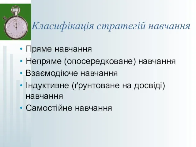 Класифікація стратегій навчання Пряме навчання Непряме (опосередковане) навчання Взаємодіюче навчання