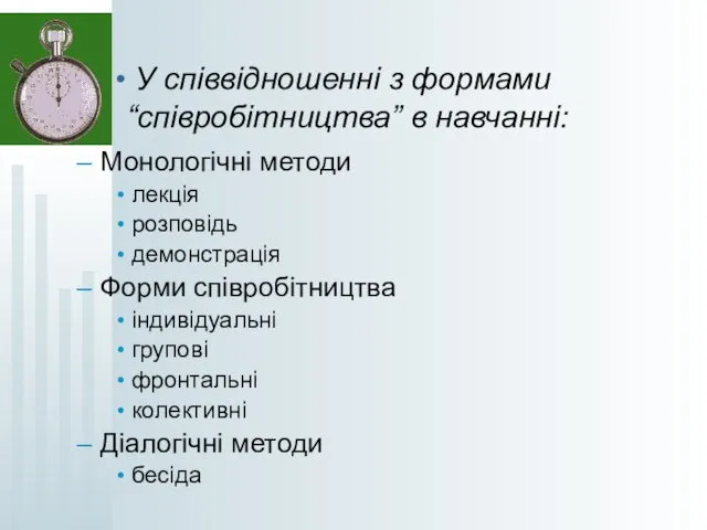 У співвідношенні з формами “співробітництва” в навчанні: Монологічні методи лекція