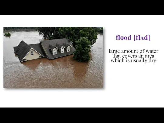 flood [flʌd] large amount of water that covers an area which is usually dry