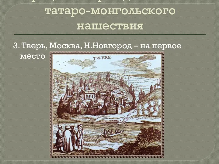 Процесс возрождения после татаро-монгольского нашествия 3. Тверь, Москва, Н.Новгород – на первое место