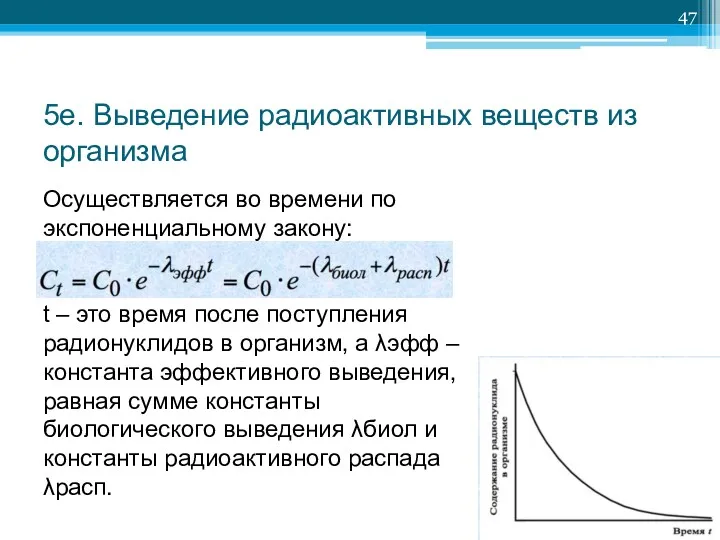 5e. Выведение радиоактивных веществ из организма Осуществляется во времени по