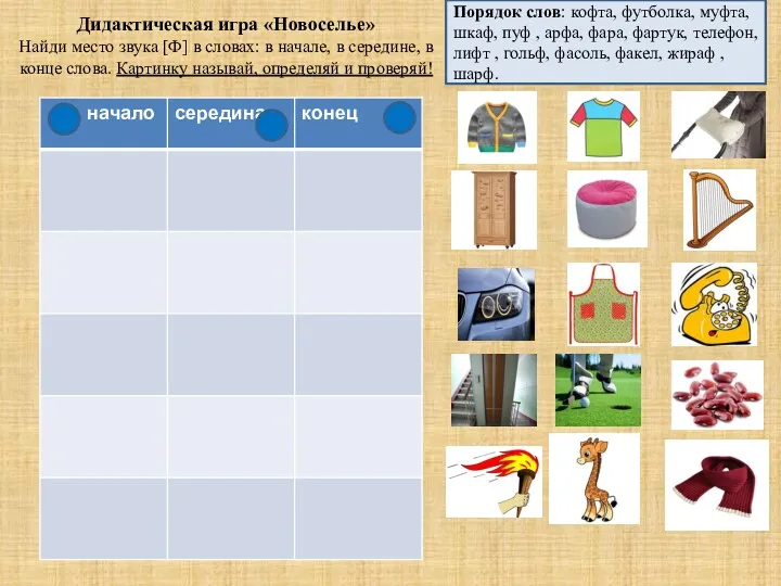 Дидактическая игра «Новоселье» Найди место звука [Ф] в словах: в