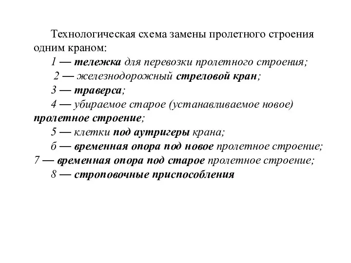 Технологическая схема замены пролетного строения одним краном: 1 — тележка