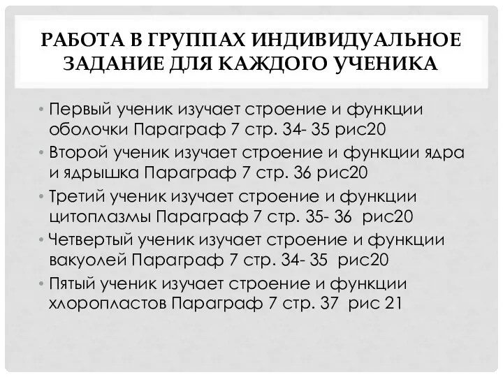 РАБОТА В ГРУППАХ ИНДИВИДУАЛЬНОЕ ЗАДАНИЕ ДЛЯ КАЖДОГО УЧЕНИКА Первый ученик