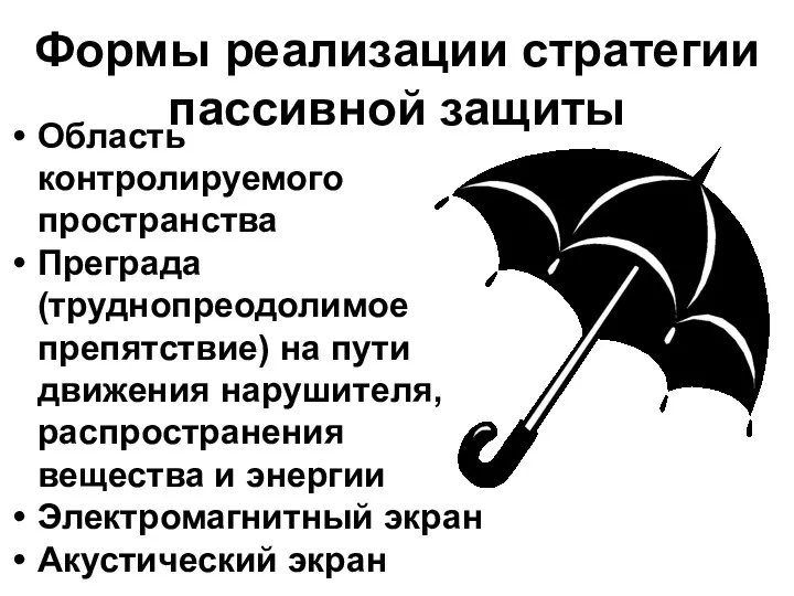 Формы реализации стратегии пассивной защиты Область контролируемого пространства Преграда (труднопреодолимое